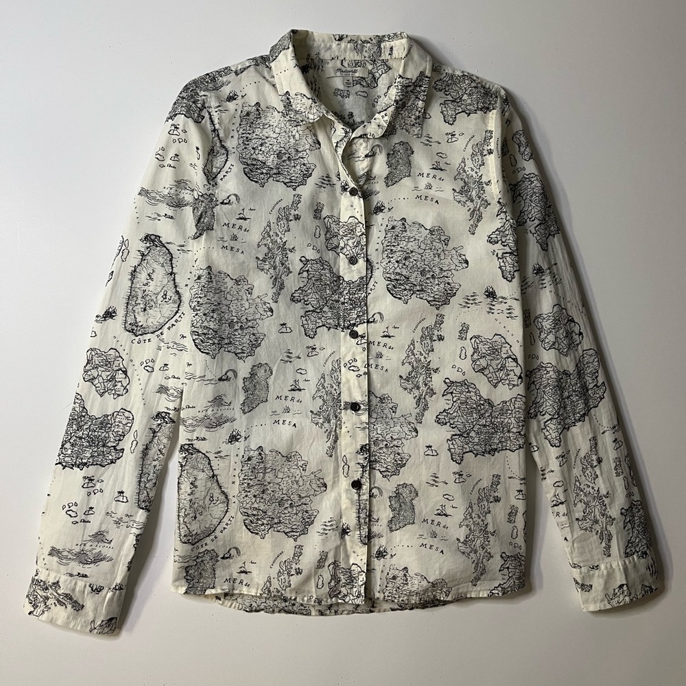 Madewell White and Black Map Print Button Down Shirt
